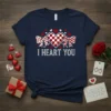 Navy blue t-shirt with white text "I HEART YOU" and a central heart graphic with bows