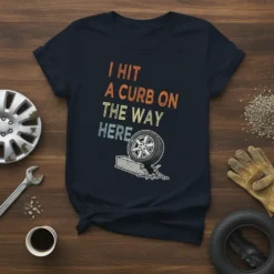 I hit a curb on the way here quote on a navy t-shirt with a graphic of a car tire