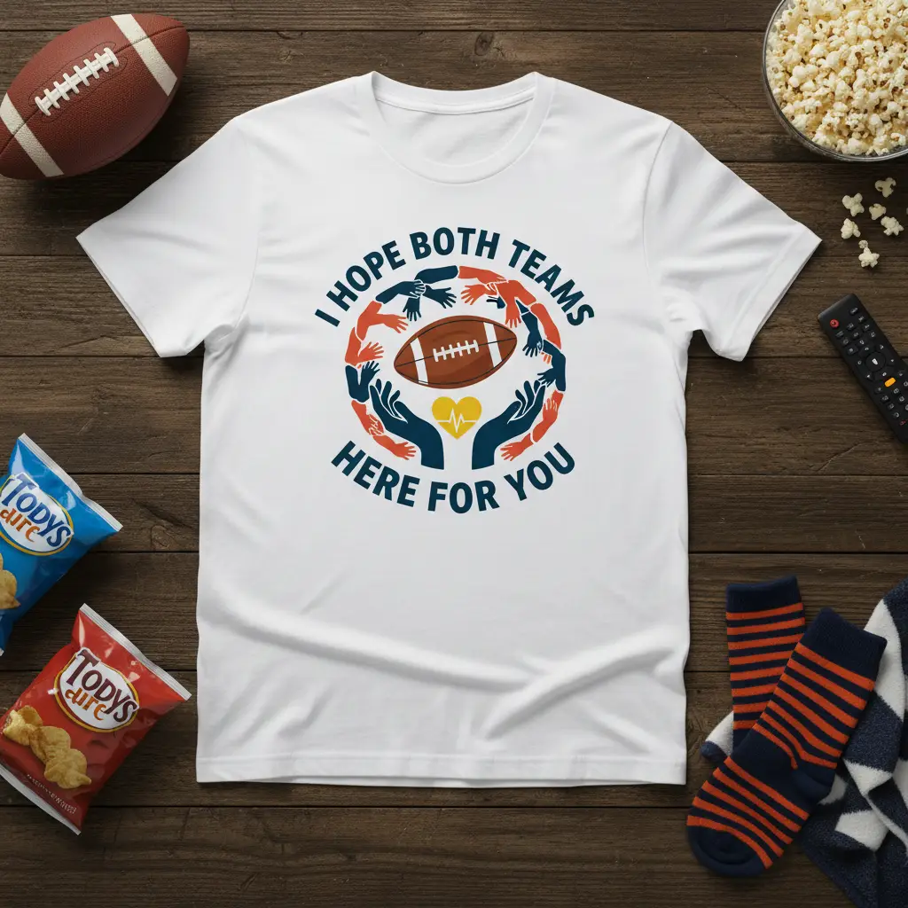 I Hope Both Teams Here For You football fan quote with supportive hands graphic on white tee