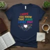 I Hope You Know That Jesus Loves You text with colorful heart and hands graphic on navy t-shirt
