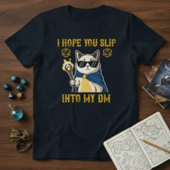 I Hope You Slip Into My DM t-shirt design featuring a cool cat with sunglasses and a magic staff, surrounded