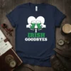 Navy t-shirt with text "I IRISH GOODBYES" and graphic of hands holding green beer mugs, with a white heart behind