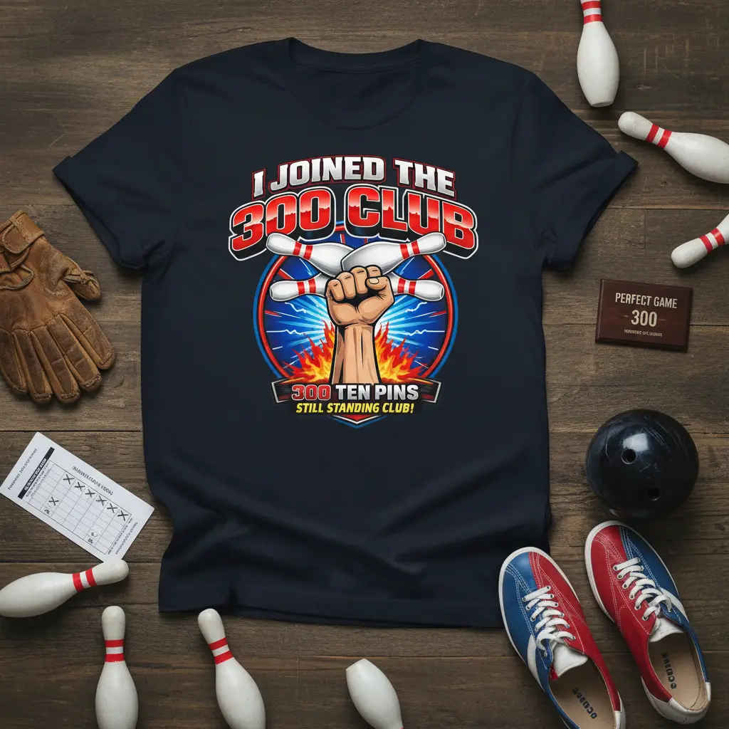 I Joined the 300 Club bowling t-shirt design with text and graphic of fist holding pins
