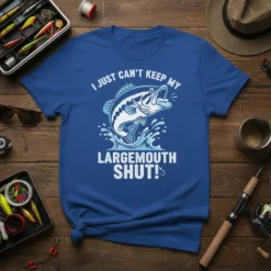 I Just Can't Keep My Largemouth Shut! T-Shirt featuring a leaping largemouth bass graphic and white text