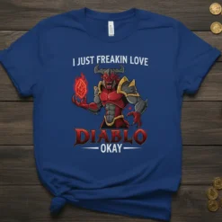 I Just Freakin Love Diablo Okay t-shirt with a demon character holding a gem