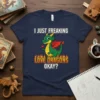 I JUST FREAKING LOVE DRAGONS OKAY? text with a cute green dragon graphic on a navy blue t-shirt