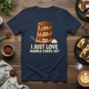 T-shirt with the text "I JUST LOVE MARBLE CAKES, OK?" and an illustration of stacked marble cakes, a whisk, and
