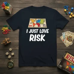 Navy blue t-shirt featuring the text "I JUST LOVE RISK" in white, above a colorful Risk board game map graphic