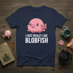 Navy t-shirt featuring a cute cartoon blob fish with the text "I JUST REALLY LIKE BLOBFISH" in bold white lettering
