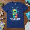Graphic t-shirt with text "I JUST REALLY LIKE LLAMAS, OKAY?" above a colorful llama wearing sunglasses