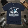 I Just Really Like Skateboarding Okay? text with a skateboarder graphic and city skyline, navy t-shirt