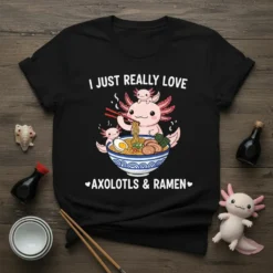 T-shirt design with the text "I Just Really Love Axolotls & Ramen" featuring a cute axolotl eating ramen noodles