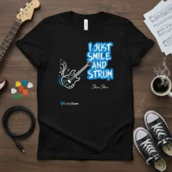 Black t-shirt with "I Just Smile And Strum" text and a white electric guitar graphic