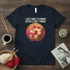 T-shirt with "I Just Want To Drink Coffee & Knit Things" text and a cat knitting while drinking coffee