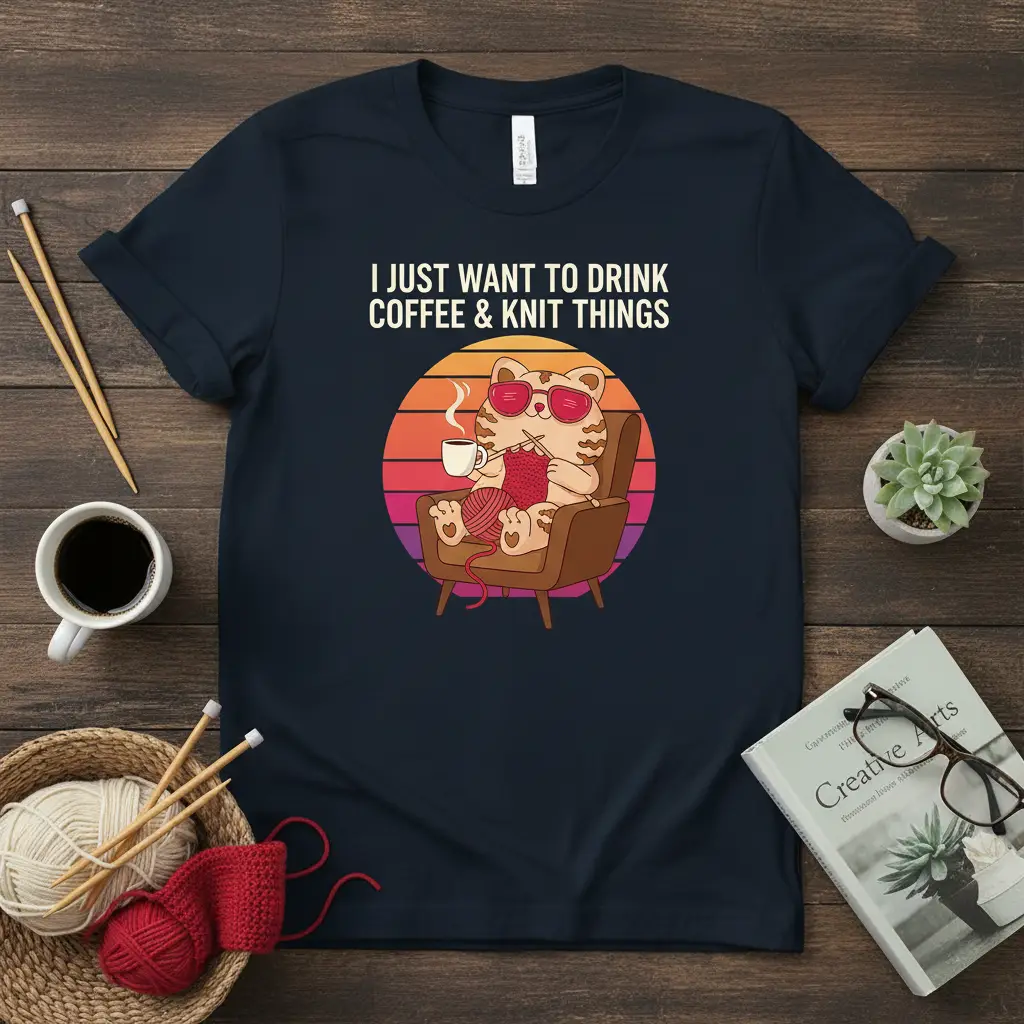 I Just Want To Drink Coffee & Knit Things quote on a t-shirt with a cat knitting and drinking coffee
