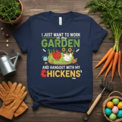 Navy t-shirt design with text "I Just Want To Work In My Garden And Hangout With My Chickens" and cartoon