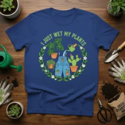 I Just Wet My Plants funny gardening t-shirt design featuring plants and overalls