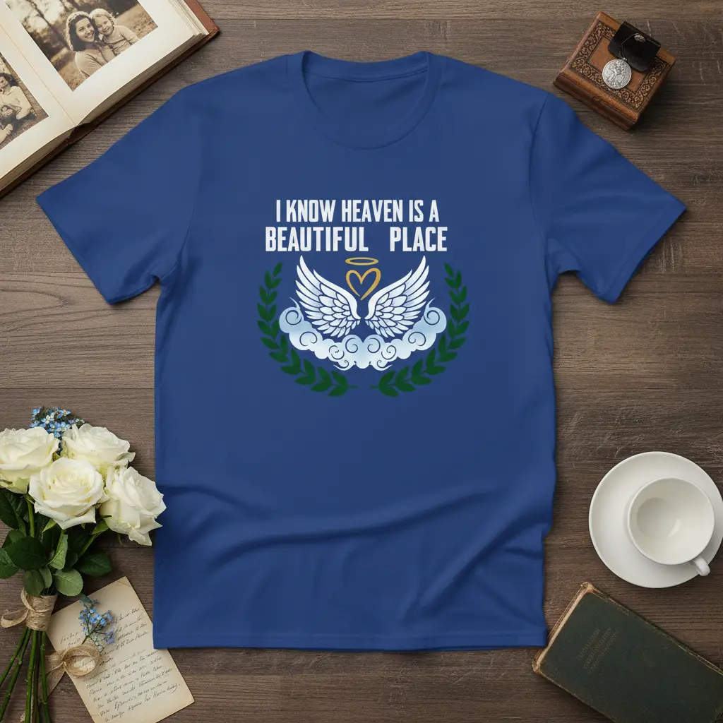 I Know Heaven Is A Beautiful Place quote with angel wings and clouds graphic on a t-shirt