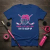 I Know I Play Like A Girl Try To Keep Up text with pink hockey helmet and crossed sticks graphic