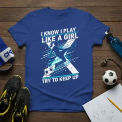 I Know I Play Like A Girl Try To Keep Up quote on a blue t-shirt with a female soccer