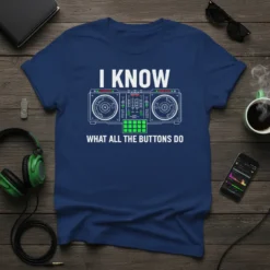 Navy t-shirt with white text "I KNOW WHAT ALL THE BUTTONS DO" above a graphic of DJ turntables and a