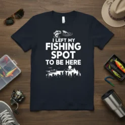 I Left My Fishing Spot To Be Here quote on a navy t-shirt, featuring a jumping bass and city skyline