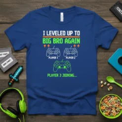 I Leveled Up To Big Bro Again Player 3 Joining T-Shirt with gamer controllers and pixelated graphics