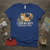 Funny cat t-shirt with the quote "I Lick My Butt So You Don't My Ho" and a cartoon cat wearing