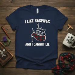 I Like Bagpipes And I Cannot Lie text with a traditional bagpipe graphic on a navy t-shirt