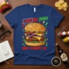 I Like Big Buns And I Cannot Lie text with a large, juicy hamburger graphic on a navy blue t-shirt