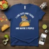 I Like Cats and Tacos and Maybe 3 People t-shirt featuring a cat in a sombrero on a taco