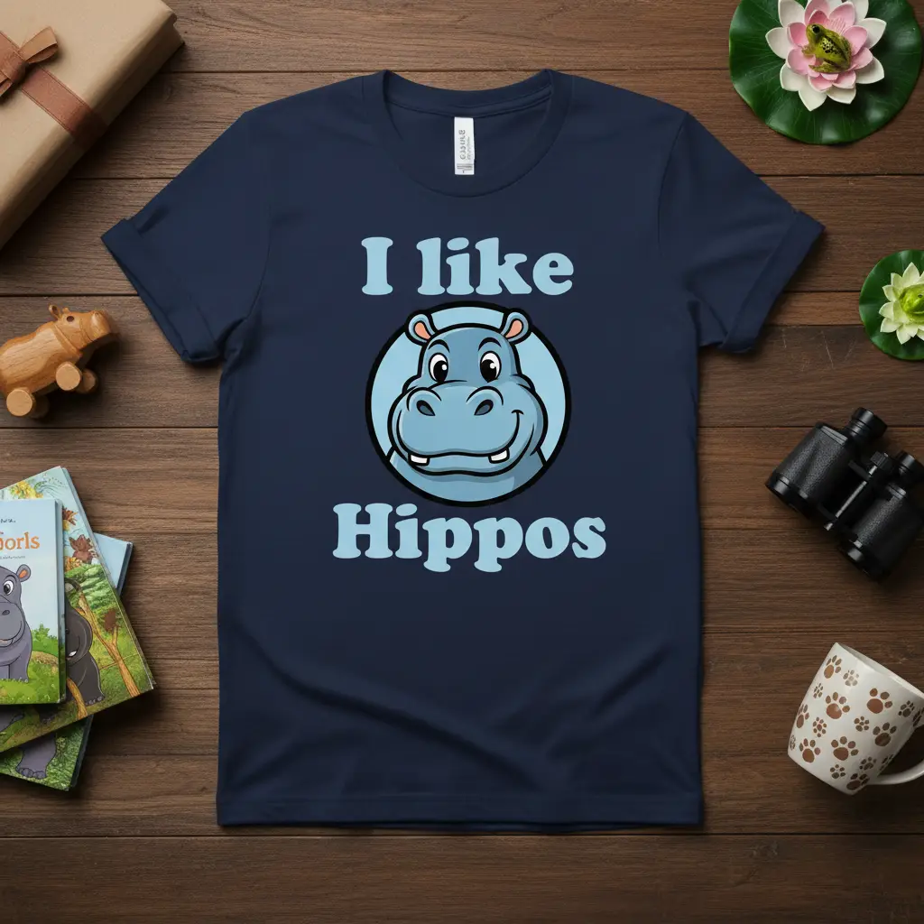 I like Hippos text design with a cute cartoon hippo illustration on a navy blue t-shirt