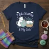 T-shirt design featuring the text "I Like Knitting & My Cats" with cute illustrations of cats and yarn balls