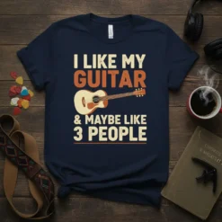 I Like My Guitar & Maybe Like 3 People text with acoustic guitar graphic on navy t-shirt