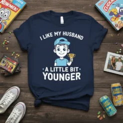 Navy t-shirt with white text "I Like My Husband A Little Bit Younger" and a cartoon boy holding a trophy