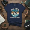 Navy t-shirt with vintage design "I Like Orcas And Maybe Like 3 People" featuring an orca jumping waves