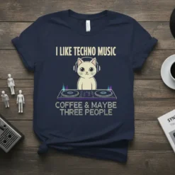 I Like Techno Music Coffee & Maybe Three People T-Shirt featuring a DJ cat graphic and humorous quote