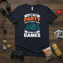 T-shirt with the text "I Like To Party And By Party I Mean Play Video Games" in white and orange
