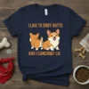 Navy t-shirt featuring cute corgis with the text "I Like To Sniff Butts And I CANCANOT Lie" in orange lettering