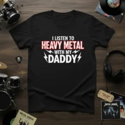Black t-shirt with white and red text "I Listen To Heavy Metal With My Daddy" and lightning bolt graphics, featuring