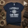 Navy t-shirt with white text "I LITERALLY CAN KNOT SAILOR'S PROVERB" and a nautical knot compass graphic