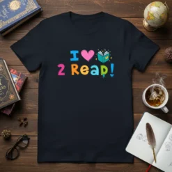 T-shirt with colorful "I Love 2 Reap!" text and an open book graphic, perfect for book lovers
