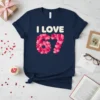 Navy blue t-shirt with "I LOVE 67" text, where the number 67 is formed by pink hearts