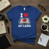 I Love AP Lang T-Shirt with heart in open book graphic, blue shirt, white text, red heart