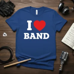 Blue t-shirt with white "I" and "BAND" text surrounding a red heart graphic, representing "I Love Band."