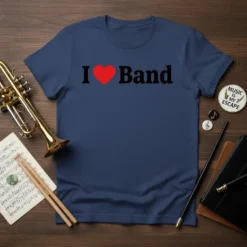 Navy blue t-shirt with bold black text "I Love Band" featuring a red heart symbol for "love"