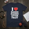 Navy t-shirt with white text "I love Bands Named After Fruit" and a red heart graphic