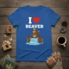 Blue t-shirt with "I Love Beaver" text and a cartoon beaver building a dam