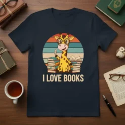 I LOVE BOOKS text with a cute cartoon giraffe reading books on a vintage sunset background t-shirt design