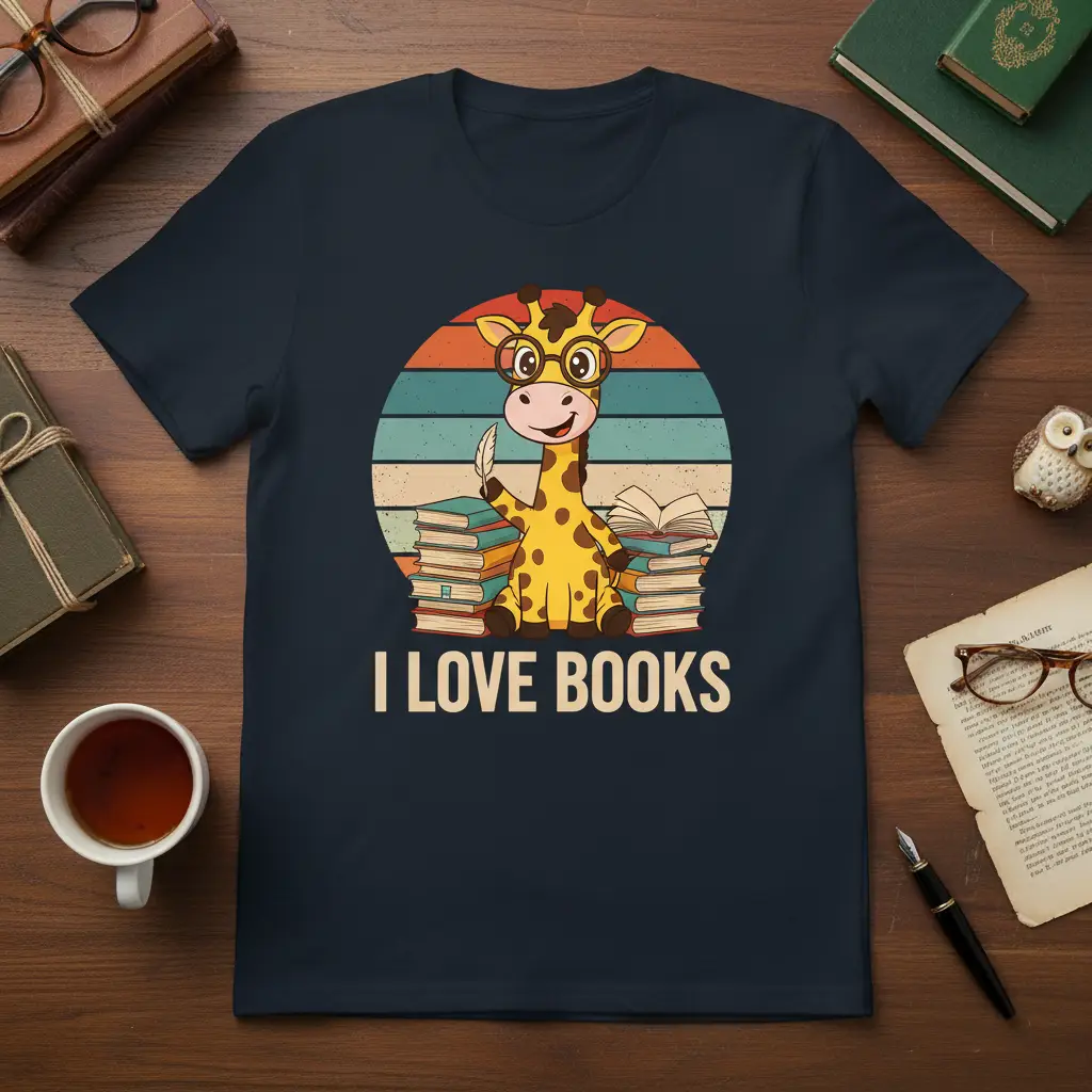 I Love Books Giraffe Reading T-Shirt Gift for Book Lovers